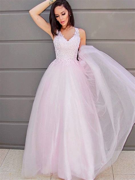 A Line Princess V Neck Sleeveless Applique Tulle Floor Length Dresses