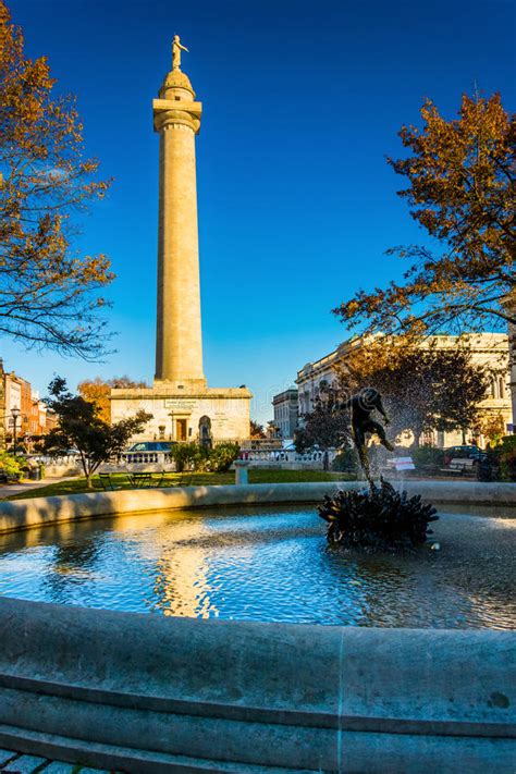 Fountain And The Washington Monument In Mount Vernon Baltimore