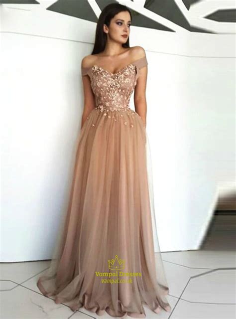 Champagne Off The Shoulder Lace Applique Bodice Long Tulle Prom Dress