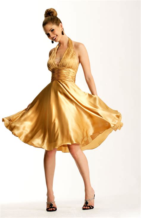 Glamorous Gold Halter Knee Length A Line Silk Satin Prom Dress With Wrinkles