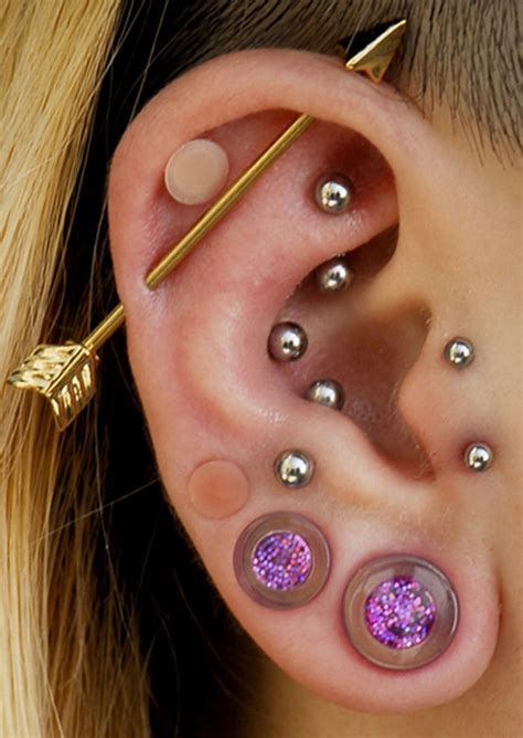 Unique Multiple Ear Piercing Ideas Placement - Gold Industrial Arrow Barbell - Silver Cartilage ...