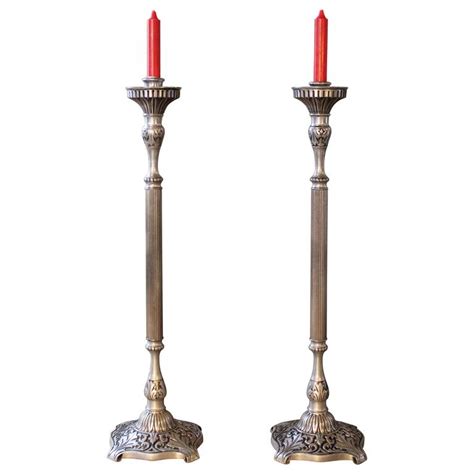 Pair Of Candle Stands Holland Brass Works Pewter Finish Floor Pillar