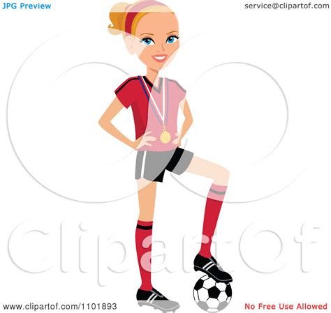 Clipart Blond Female Soccer Player With A Medal Resting Her Foot On A