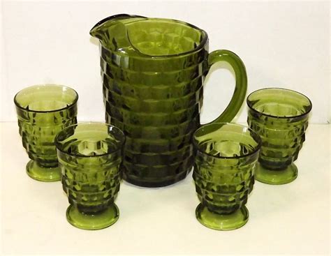 Fostoria Green Glass Pitcher And 4 Stemmed Glasses Stemware Service Green Glassware Vintage