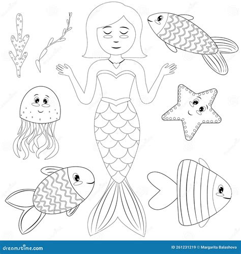 Cute Little Mermaid Fishes Starfish And Octopus Children Vector