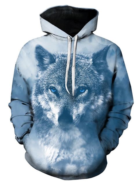 3d Wolf Print Hooded Pullover Hoodie Colormix M Mens Sweatshirts