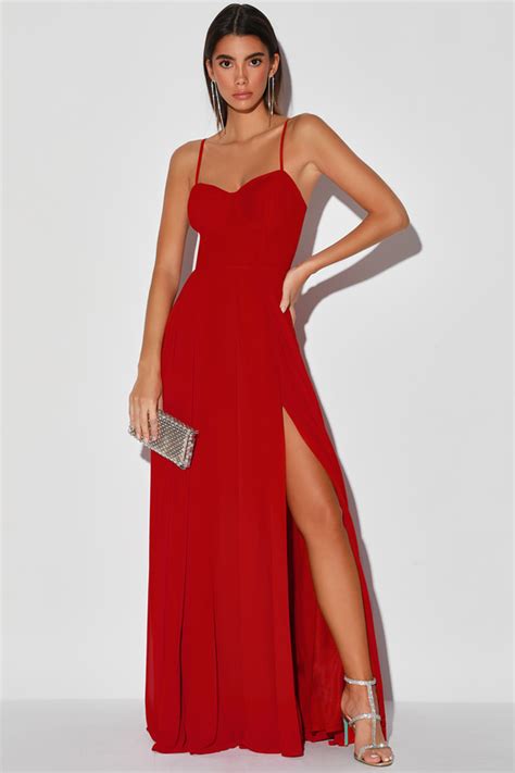 sexy red maxi dress bustier maxi dress side slit maxi dress lulus