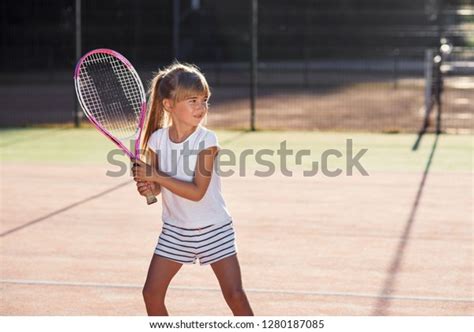 Little Female Tennis Player White Uniform Stock Photo Edit Now 1280187085