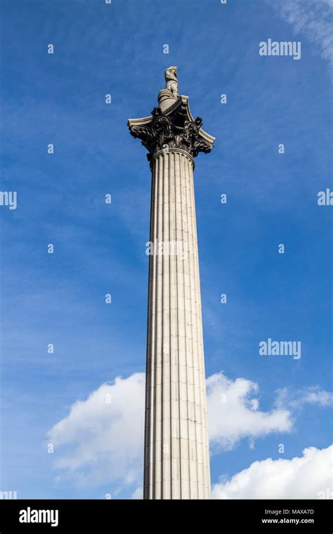Lord Nelsons Column Statue Trafalgar Square London England Stock