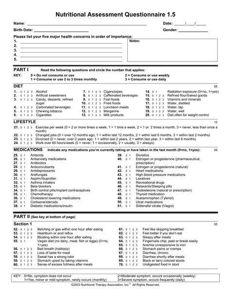 Nutritional Assessment Questionnaire Form Nutritional Therapy