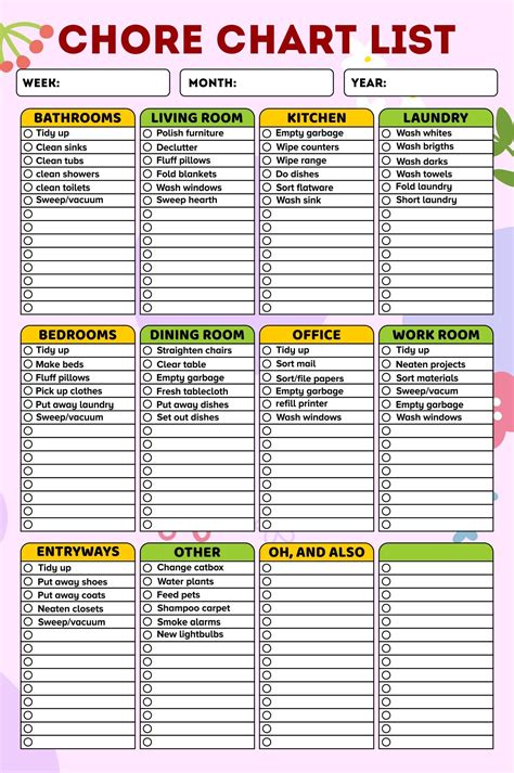 Printable Chore Chart List For Adults Adult Chore Chart Weekly Chore