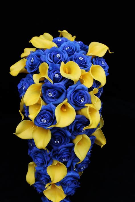 Blue And Yellow Cascading Rose And Calla Lily Wedding Bouquet