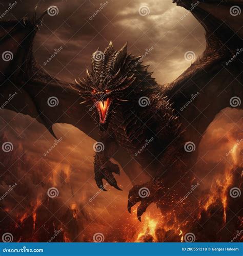 Evil Dragon Flying Spitting Fire Made With Generative Al Stock