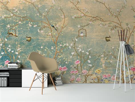 Chinoiserie Wallpaper Birds Trees Floral Wallpaper Vintage Etsy