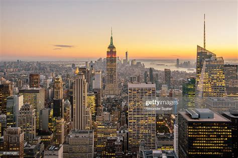 New York City Skyline With Illuminated Skyscrapers Seen From Above