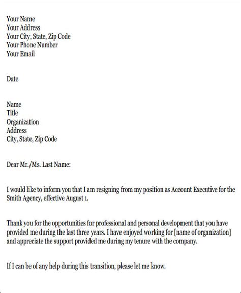 Free Sample Work Resignation Letter Templates In Ms Word Pdf