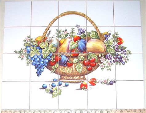 Bountiful Fruit Basket Ceramic Tile Mural 20pc 425 Kiln Fired Grapes