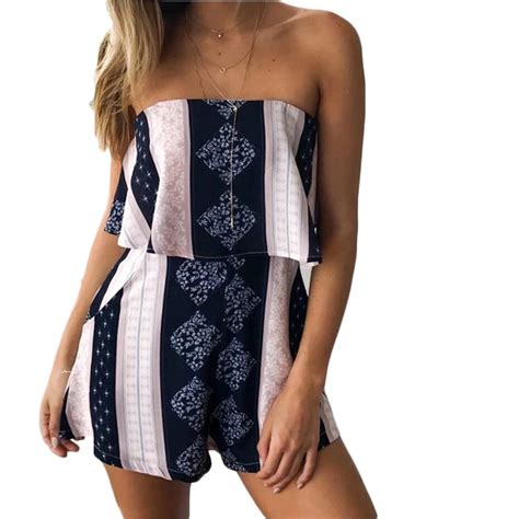 Strapless Striped Playsuits Sexy Off Shoulder Women Rompers Womens Short Jumpsuit Backless