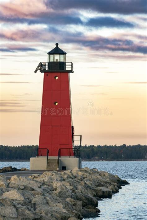 Manistique Lighthouse Stock Photo Image Of Rocks Foreground 73349560