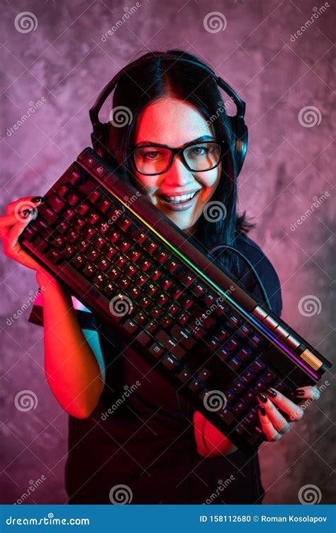 Funny Nerd Girl Wearing Glasses Carrying Computer Keyboard Stock Photo Image Of Gaming Face