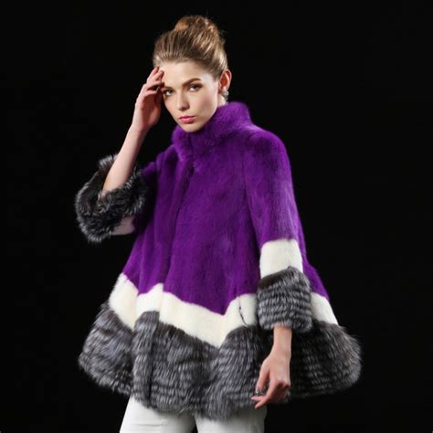 Purple New Whole Mink Fur Coat Fox Fur Collar