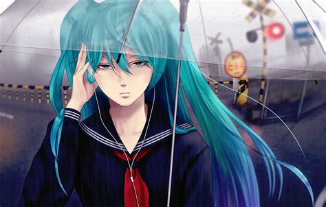 Wallpaper Girl Drops Rain Street Umbrella Headphones Vocaloid