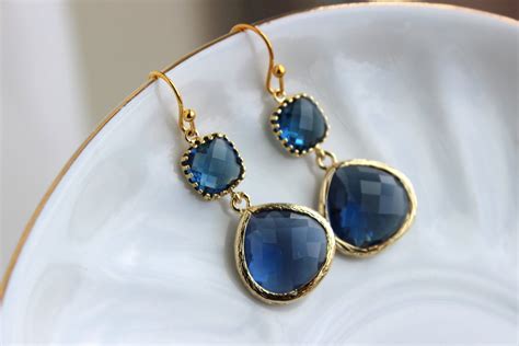 Gold Large Sapphire Earrings Navy Blue Jewelry Two Tiered