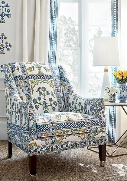 Thibaut Indian Panel Linen In Blue And Yellow Uk