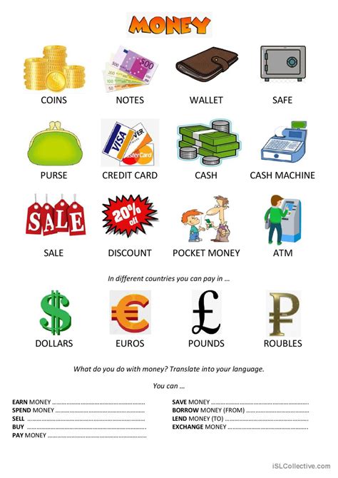 money vocabulary english esl worksheets pdf and doc