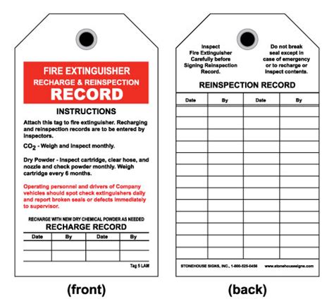 When performing a monthly extinguisher check, look for: Fire Extinguisher Inspection Tag - Front-Fire Extinguisher ...