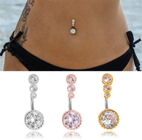 New Triple Stone Belly Bar Piercing Crystal Navel Ring L Etsy