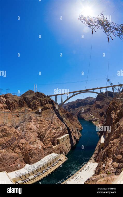 Fisheye View Of Hoover Dam And A Bypass Bridge Under Construction Stock
