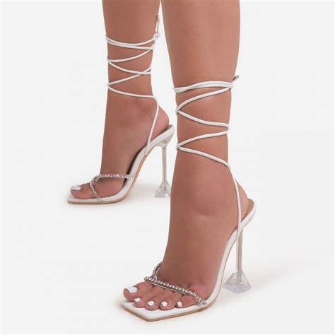 Romantic Diamante Detail Lace Up Square Toe Clear Perspex Sculptured Heel In White Faux Leather