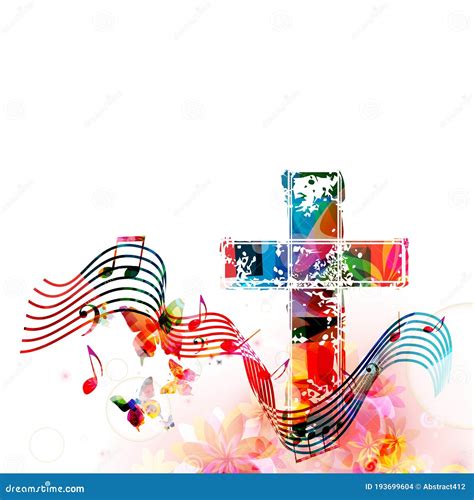 Colorful Christian Cross With Stave And Music Notes Isolated Vector