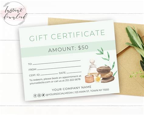 Printable Massage Gift Certificate Template Editable Spa Gift