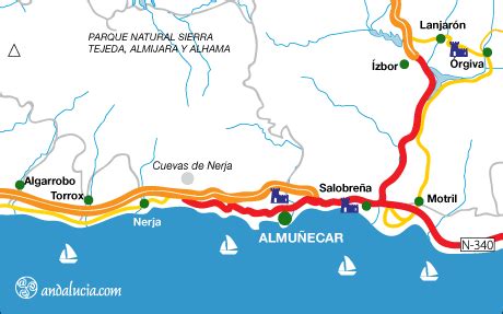 Bergen runt nerja stoppar både kalla nordanvindar på vintern och heta sommarvindar från medelhavet. Nerja Map, Costa del Sol, Andalucía, Southern Spain