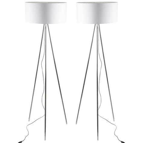 Pair Of Chrome Tripod Floor Lamps With White Fabric Shades