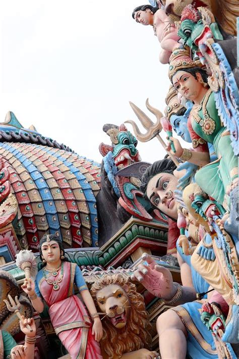 A Colored Hindu Deities On The Roof Of Sri Mariamman Hindu Temple In