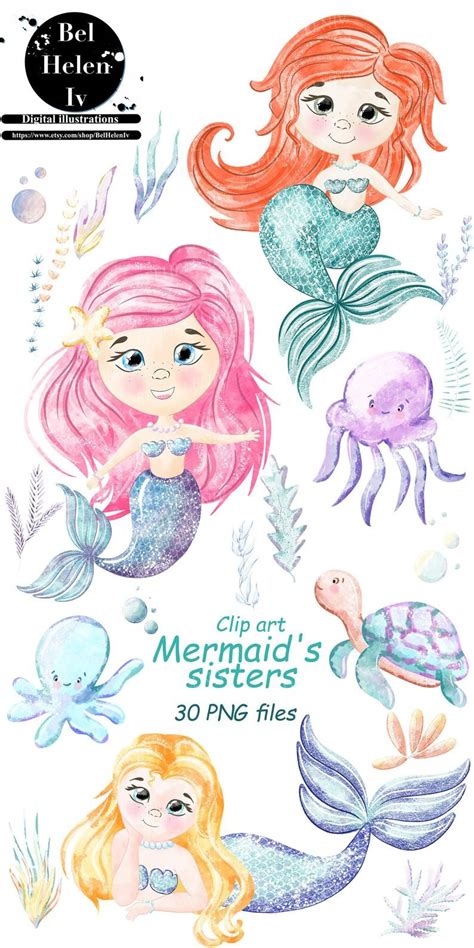 Watercolor Mermaids Mermaids Of Png Clipart Of Mermaids Etsy