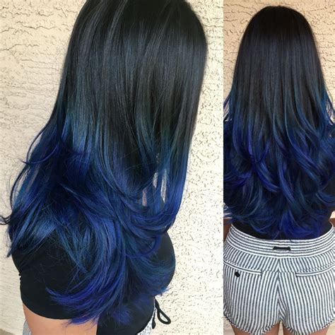 Her natural color is almost black, and then the rest of the hair transitions down into a saturated. black to blue ombre | Blue ombre hair, Hair dye tips, Hair ...