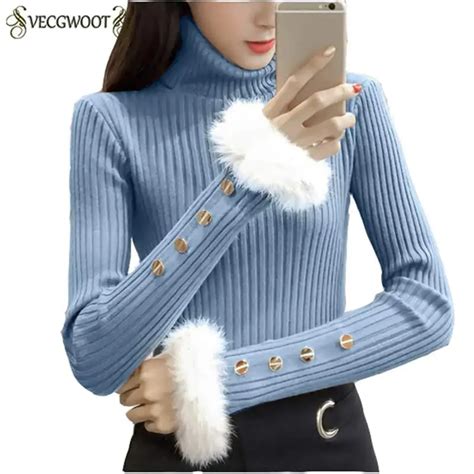 2019 Winter Long Sleeve Turtleneck Sweaters Women Fur Sleeve Bodycone Sweaters Lady Sweet Long