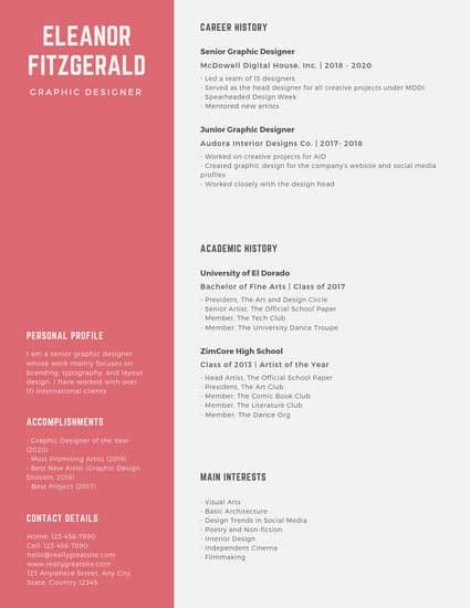 Sample resume for a graphic designer. Customize 1,315+ Resume templates online - Canva