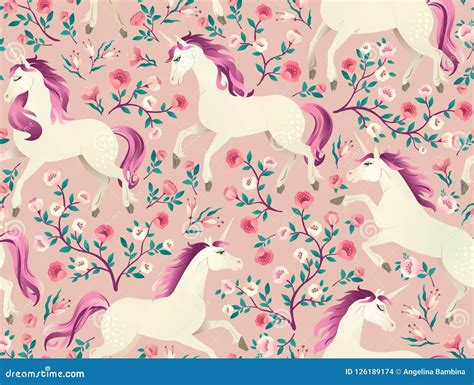 Hand Drawn Vintage Unicorn In Magic Forest Seamless Pattern Vector