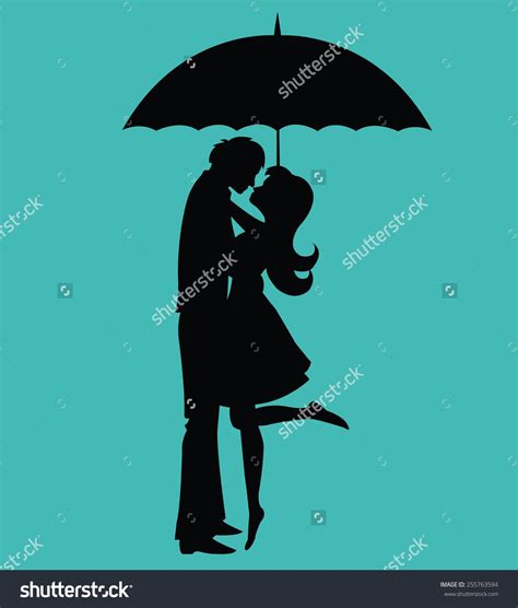 Kissing Couple Under Umbrella Silhouette Banco De Ilustração Vetorial