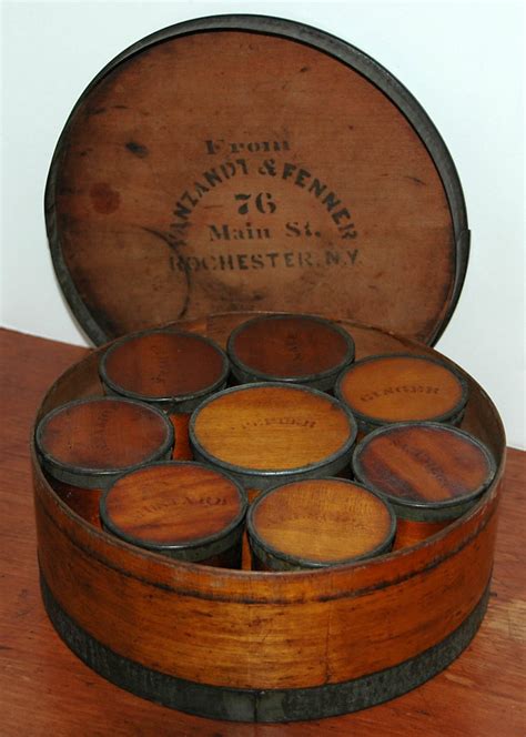 Antique Bentwood Spice Box 19th Ca Round W 8 Stenciled Tin