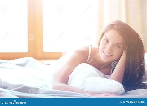 Beautiful Brunette Lying On Bed At Home Stock Image Image Of Model
