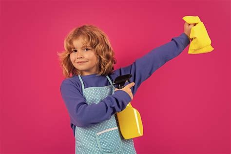 Premium Photo Child Use Duster And Gloves For Cleaning Funny Child