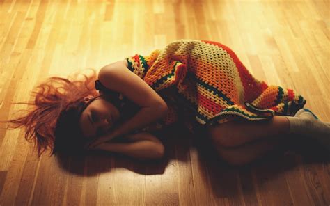 Woman Lying On Brown Wooden Floor Wearing White Orange And Red Knit Dress HD Wallpaper