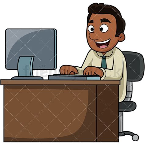 Black Man Using Computer Cartoon Vector Clipart