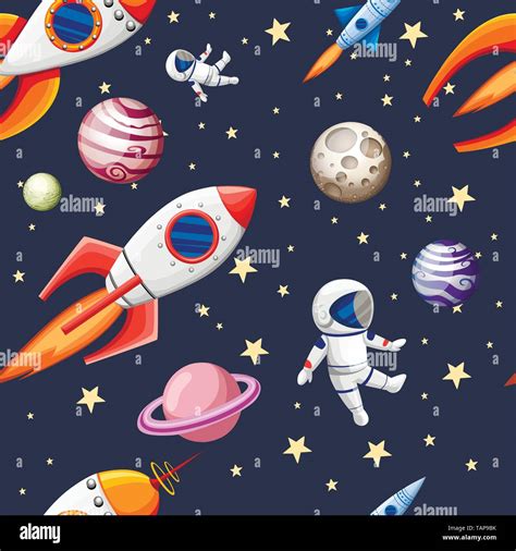Seamless pattern of space elements cartoon design space rockets planets ...